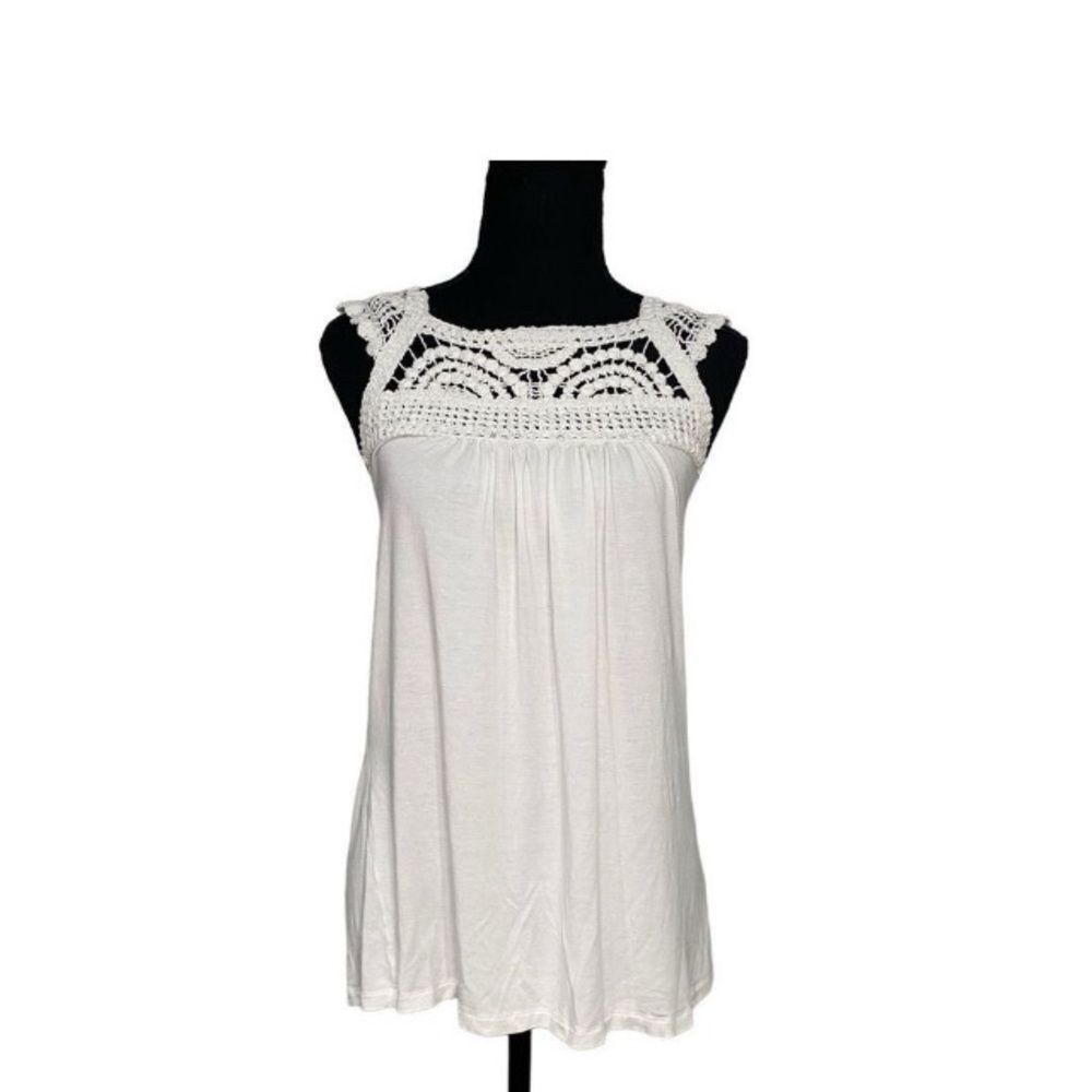 Boston Proper White Crochet Accent Tunic Tank Top Sz S  BOHO HIPPIE 70’s